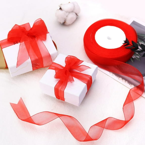 XmhyTop 3/4 inch Green Sheer Organza Ribbon 50 Yards Chiffon Ribbon for Gift Wrapping Mother's Day Wedding Flower Bouquet Crafts,Red