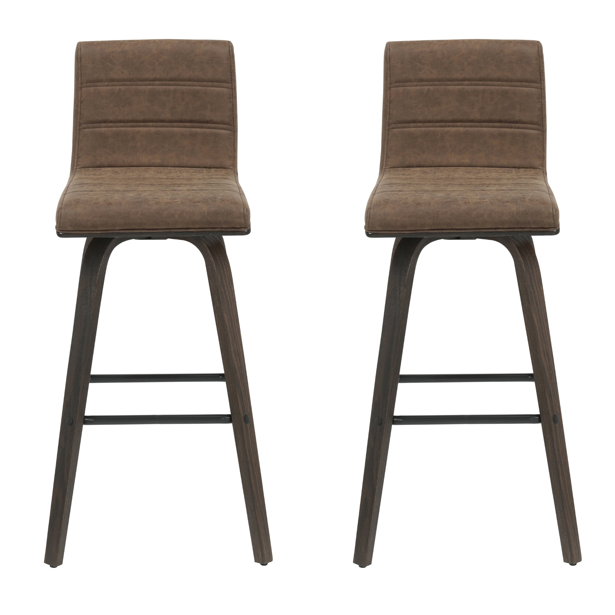 Vienna 39.5 in. H Swivel Bar Height Vintage Dark Brown Square Back Wood Bar Stool with Faux Leather Seat Set of 2