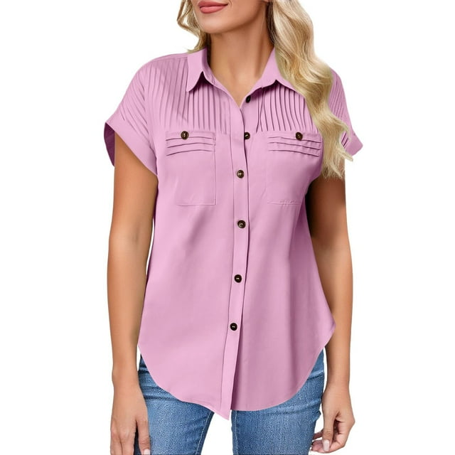 Breezora Unique Ladies Short Sleeve Shirt with a Detailed Buttoned Lapel and Functional Pleated Pocket Design Offering a Smart Casual Look for Work or Leisure S Size Purple
