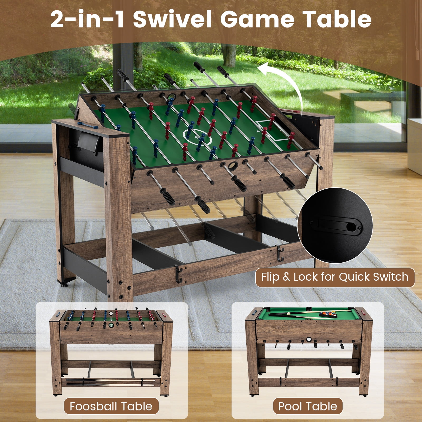 Gymax 2-in-1 48'' Swivel Multi Game Table w/Legs 2 Balls Cue Sticks Triangle Brush