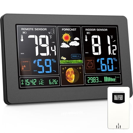 Weather Station Wireless Indoor Outdoor Color Display Digital With Atomic Clock Barometric Forecast Adjustable Backlight Black