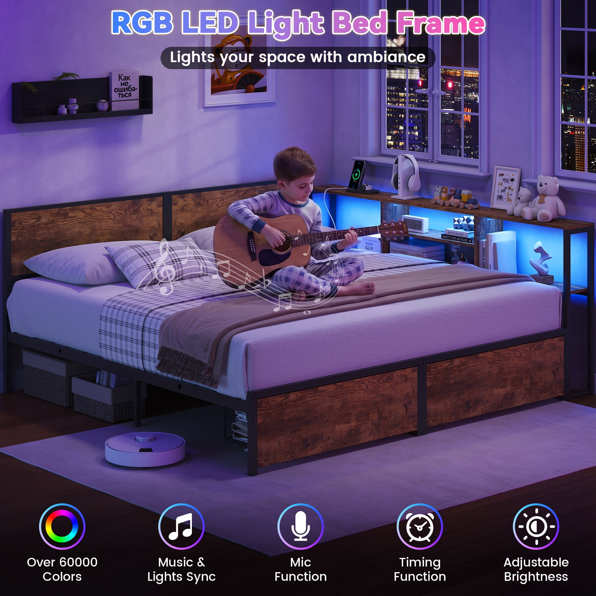 Miniyam King Size Bed Frame with Storage, 2-in-1 Convertible Twin Beds, LED & Charging Station, Brown