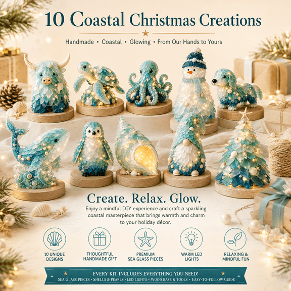 DIY 3D Sea Glass Art Kit, Lighted Coastal Craft Kit for Adults, Sea Glass Mosaic Decor with Wood Base, Ocean Animal and Christmas DIY Home Decoration Gift
