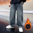thumbnail image 2 of Efsteb Boys' Jeans Fleece-lined Straight Wide Leg Vintage Denim Pants with Pocket Elastic Waist Baggy Y2K Streetwear Trousers (Z_Blue,14-15 Years), 2 of 10