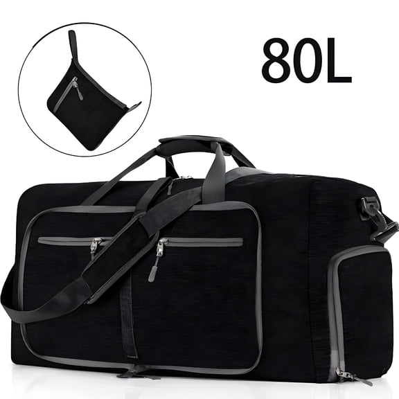 AOMRCOL 80L Large Foldable Travel Duffle Bag, 28" Black Duffel Bag for Men Women, Foldable Gym Bag with Shoes Compartment, Overnight Bags Waterproof and Tear Resistant
