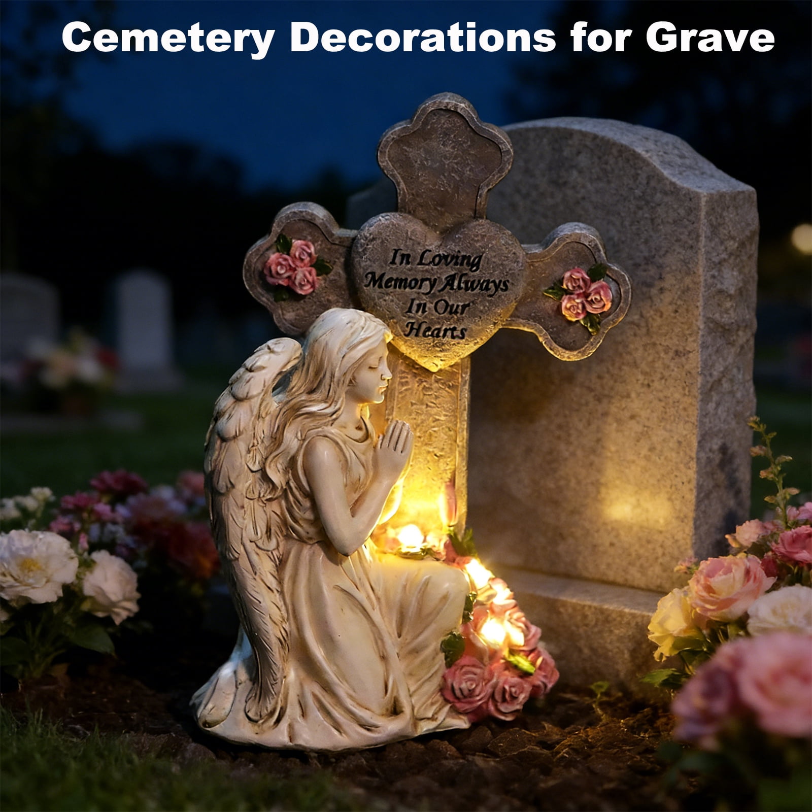 Solar Angel Statue for Grave, Praying Angel Figurines Garden Statues Outdoor Waterproof, Resin Decor Memorial Statue for Garden Yard Lawn Grave Cemetery Decor, Memorial Gifts for Loss of Loved One