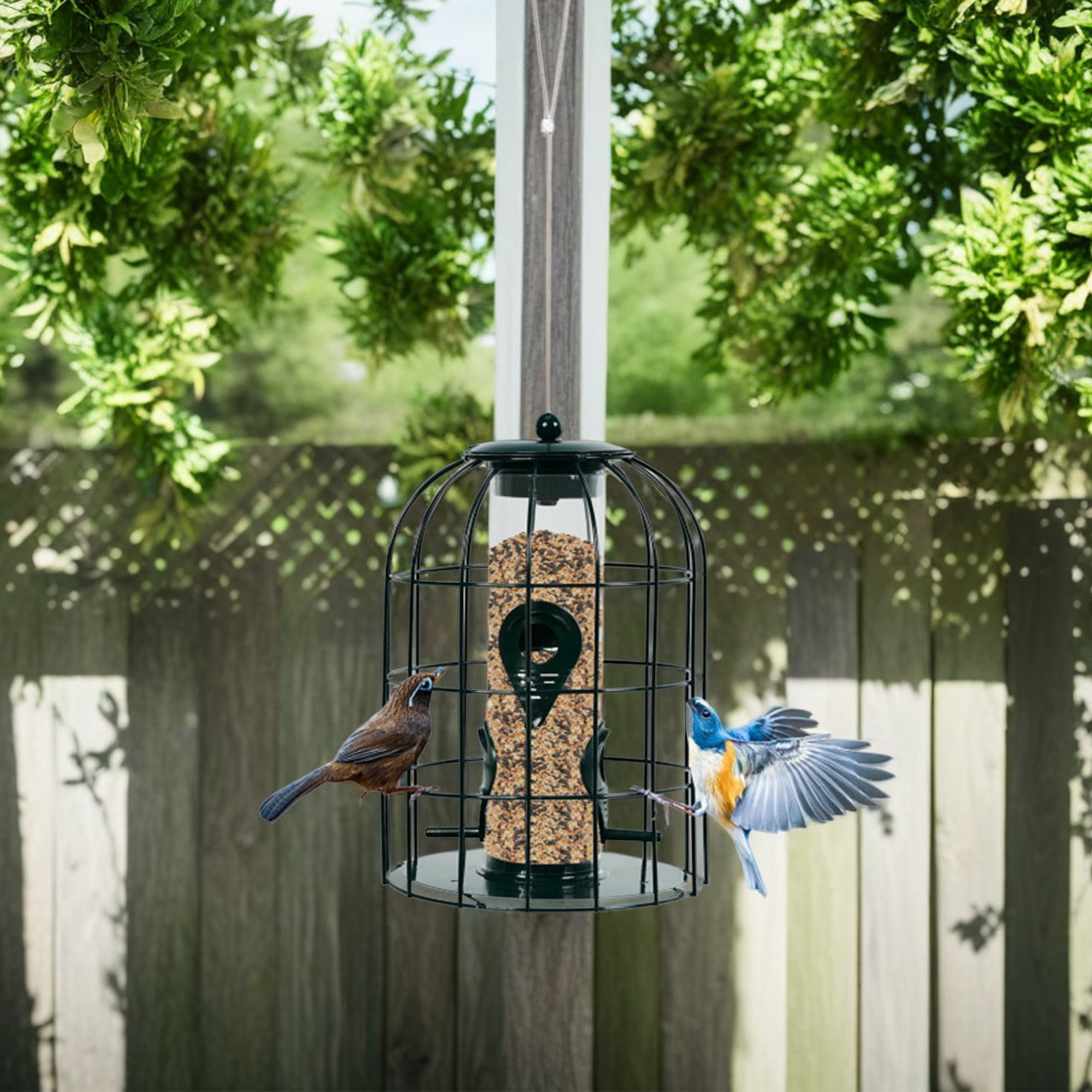 Kadyn 10" Bird Feeder for Outside Hanging, Metal Seed Guard Deterrent House Squirrel-proof Caged Tube Wild Hut, Green