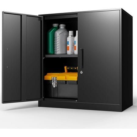 

Metal Wall Cabinets with 1 Adjustable Shelf and 2 Doors Steel Wall Mounted Storage Cabinet with Lock Garage Cabinet Upper for Basement Warehouse (Black&Grey 27.95 H)