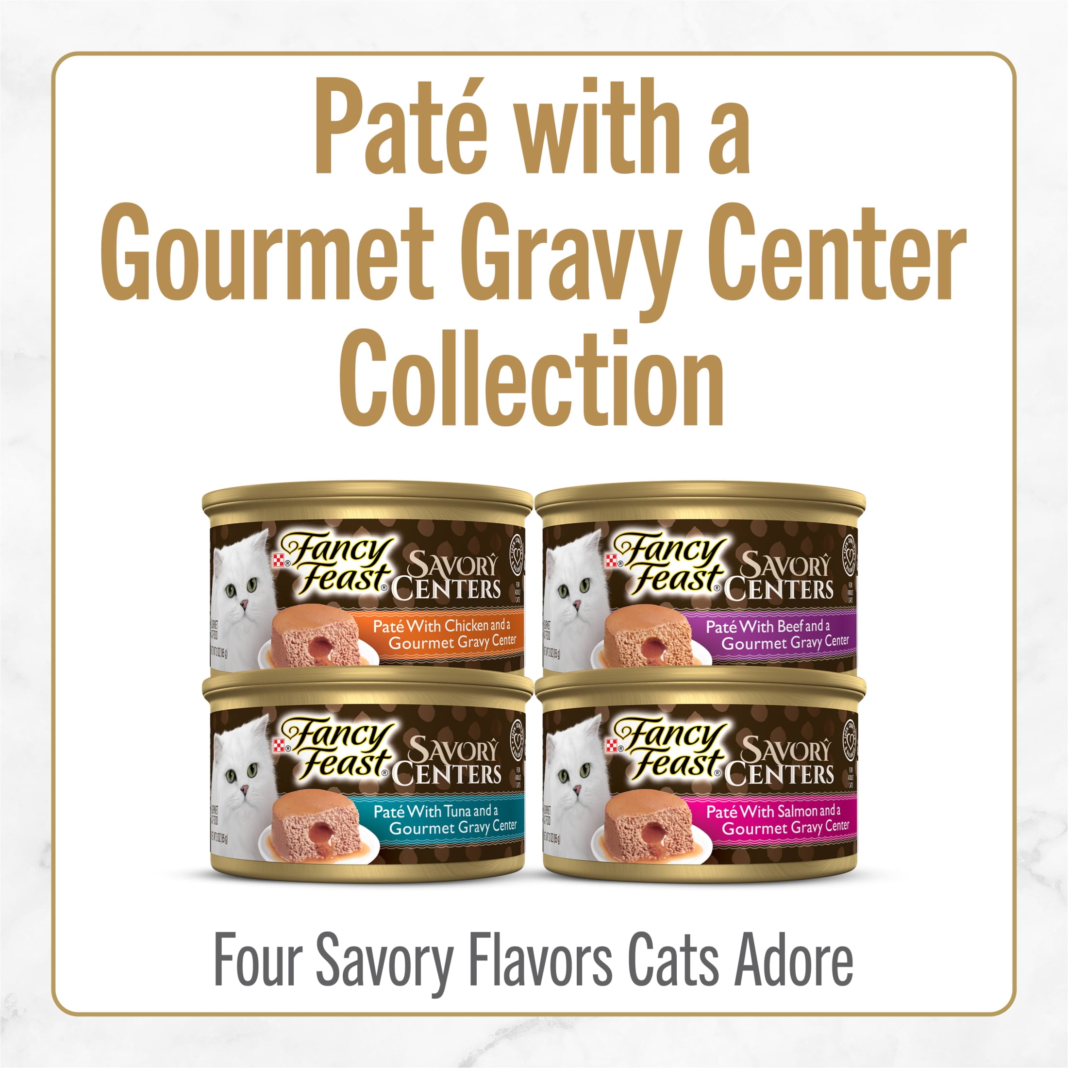(24 pack) Purina Fancy Feast Savory Centers Wet Cat Food Pate Variety Pack With Chicken, Salmon, Beef, and Tuna Pate with Gravy Center, 3 oz Cans, 12 Pack