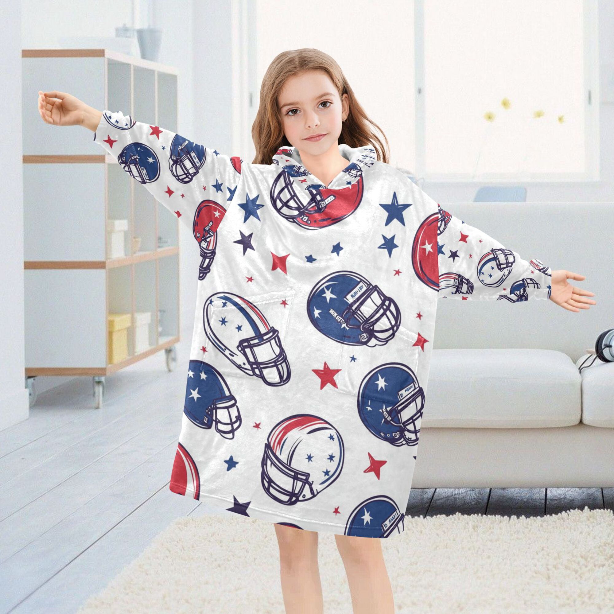 FORMRS Wearable Blanket Hoodie with Sleeves for Kids Cozy Flannel Sweatshirt, Cartoon American Football Helmets