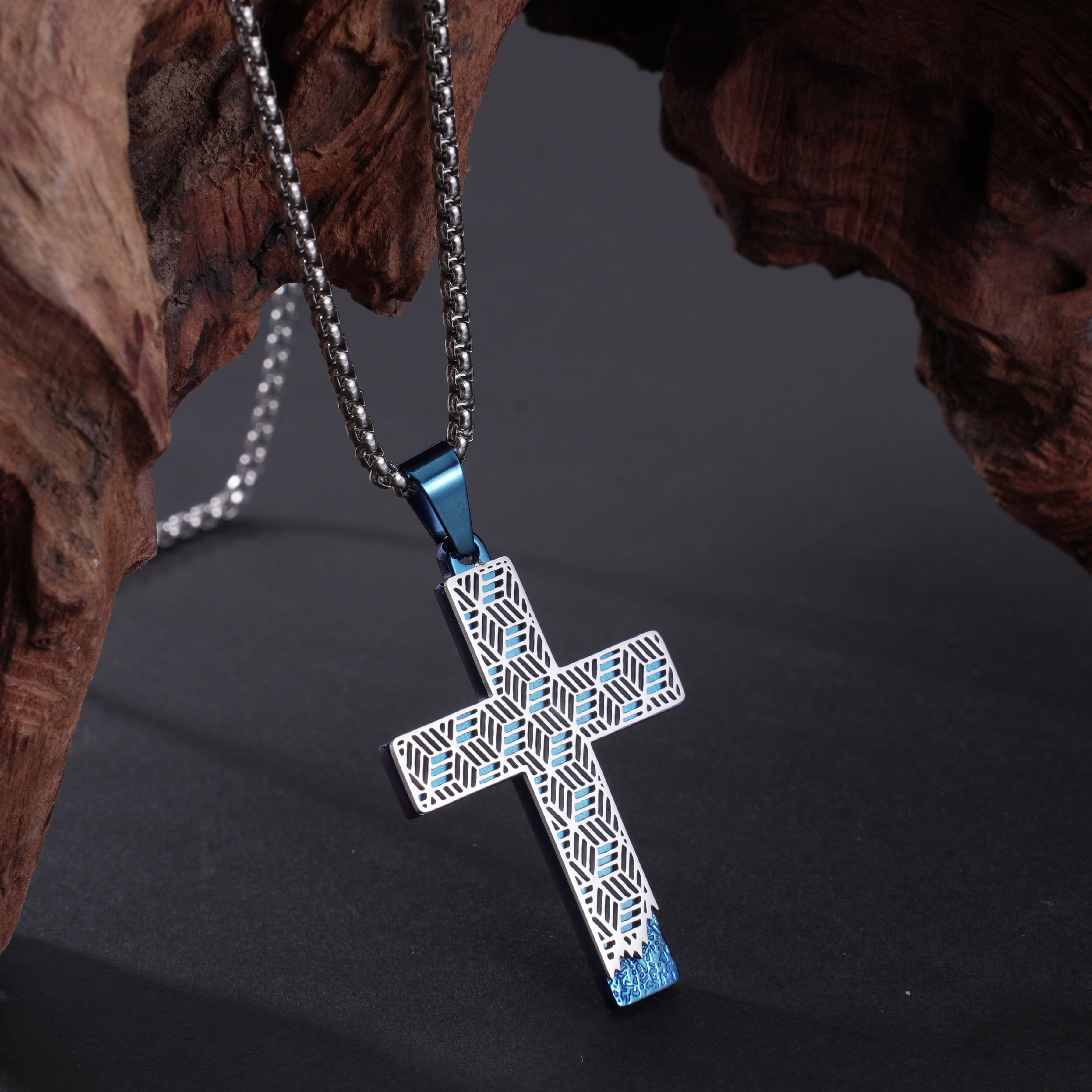 Iron Saints Men Bold Drip Cross Pendant Necklace, Stainless Steel, Men Fashion Steel Pendant