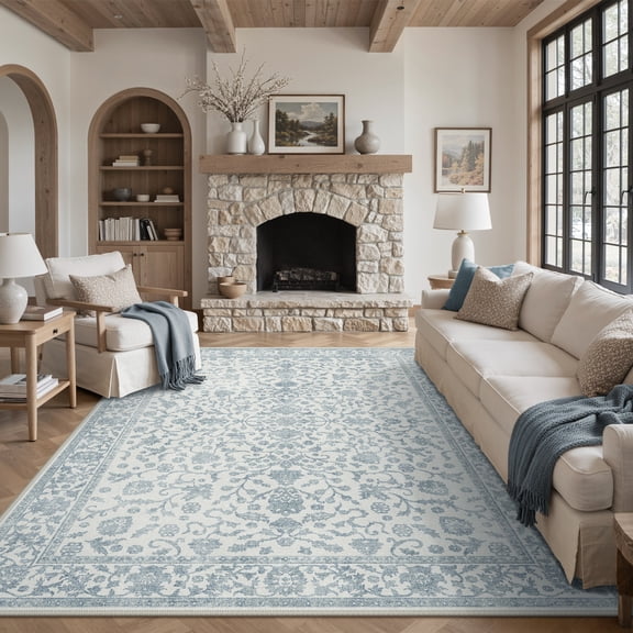 KUETH 8'X10' Vintage Area Rugs Machine Washable Rugs for Living Room, Non Slip Flat Pile Rug with Rubber Backing, Boho Rug for Entryway Bedroom Dining Room Home Office