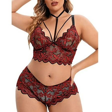 

CAICJ98 Lingerie for Women Plus Size Lingerie V Neck High Waist Floral Lace Bra and Panty 2 Piece Set No Underwire Women Lingerie ( L)