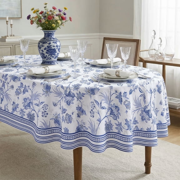 Blue Floral Oval Tablecloth 54x72 Inch, Blue and White French Country Tablecloth, Rustic Floral Polyester Waterproof Tablecloth for Farmhouse Kitchen Decor/Indoor and Outdoor Tables/Parties/Picnics