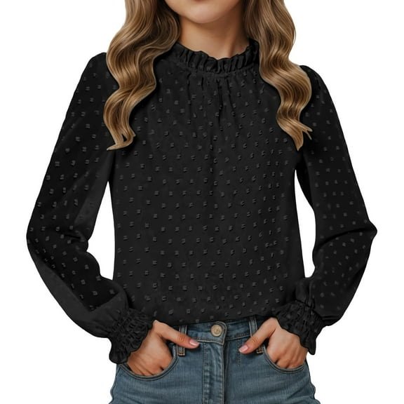 MUXiin Long Sleeve Shirts For Girls Black,Girls Puff Long Sleeve Shirts Lace Polka Dot Chiffon Pullover Tops Elastic Elegant Stand Collar Cute Soft Blouses Outwear for Kids 11-12 Years