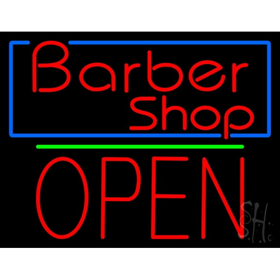 Red Barber Shop Blue Border LED Neon Sign 24 x 31 - inches, Black Square Cut Acrylic Backing, with Dimmer - Bright and Premium built indoor LED Neon Sign for Defence Force.