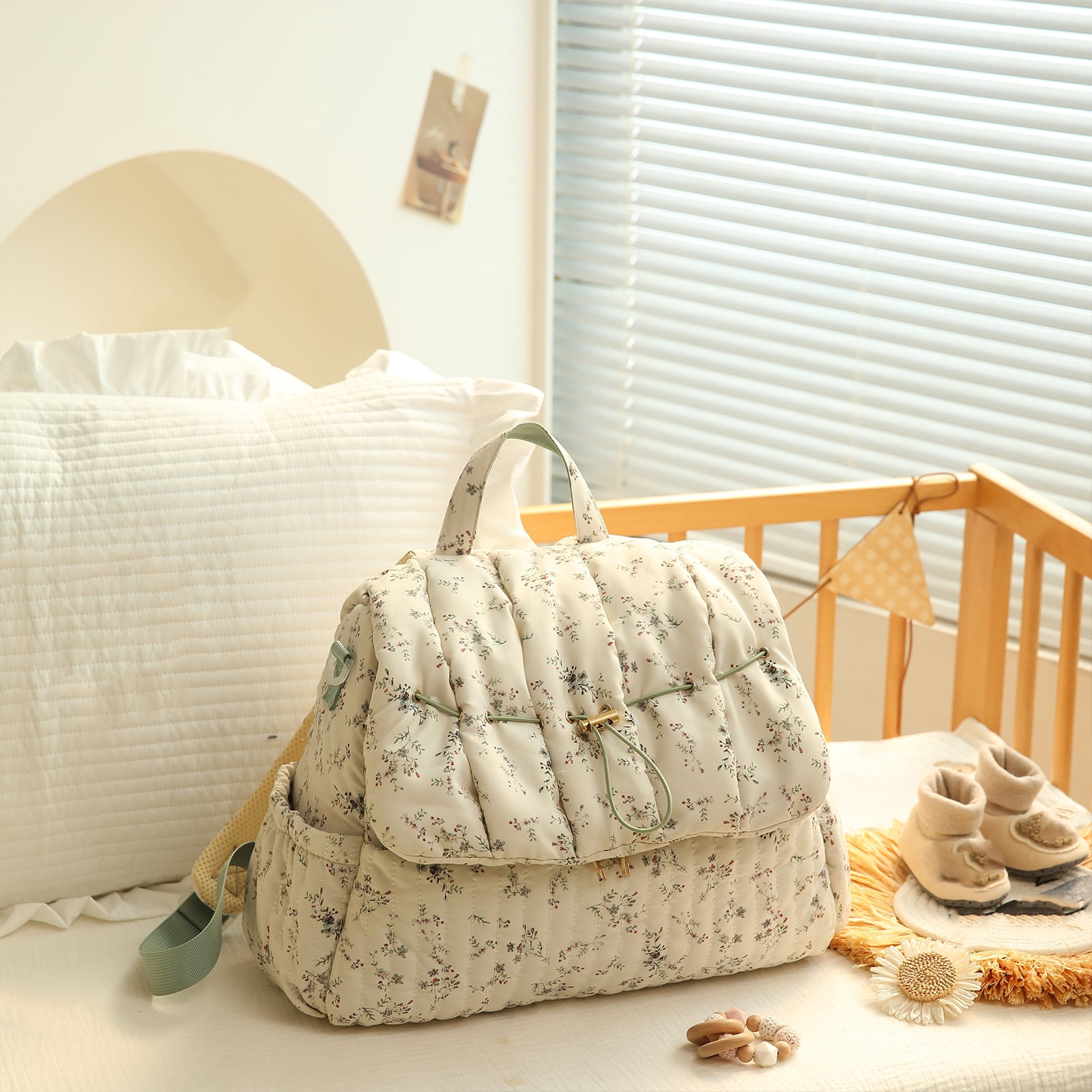 HAHUT Aesthetic Quilted Floral Diaper Bag Backpack with Stroller Straps, Multi-Functional Nylon Embroidered Laptop Backpack for Work Travel Casual (Green)