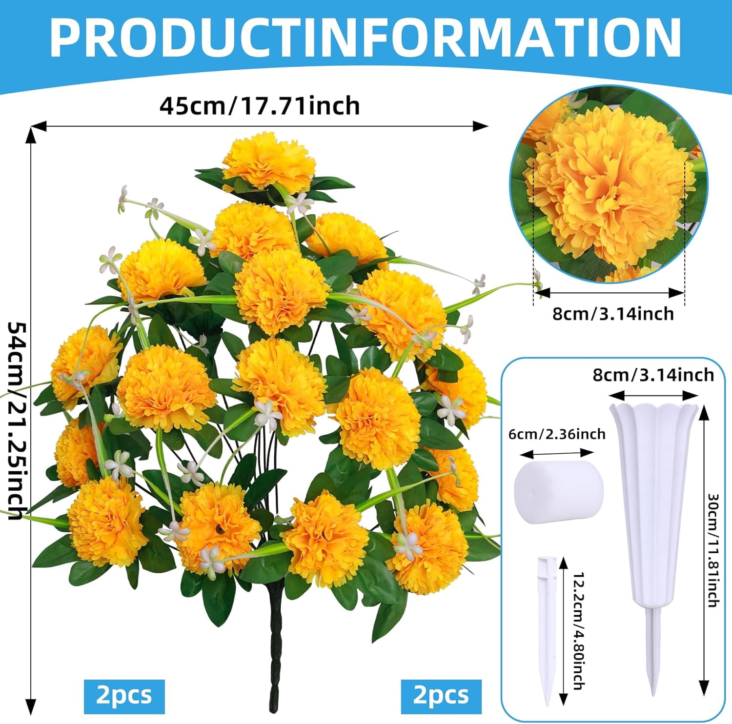 Silks Artificial Cemetery Flowers, Set of 2 Grave Decorations Bulbous Chrysanthemum,Memorial Flowers Bouquet with Cemetery Vase for Cemetery Headstones Decoration (Red)