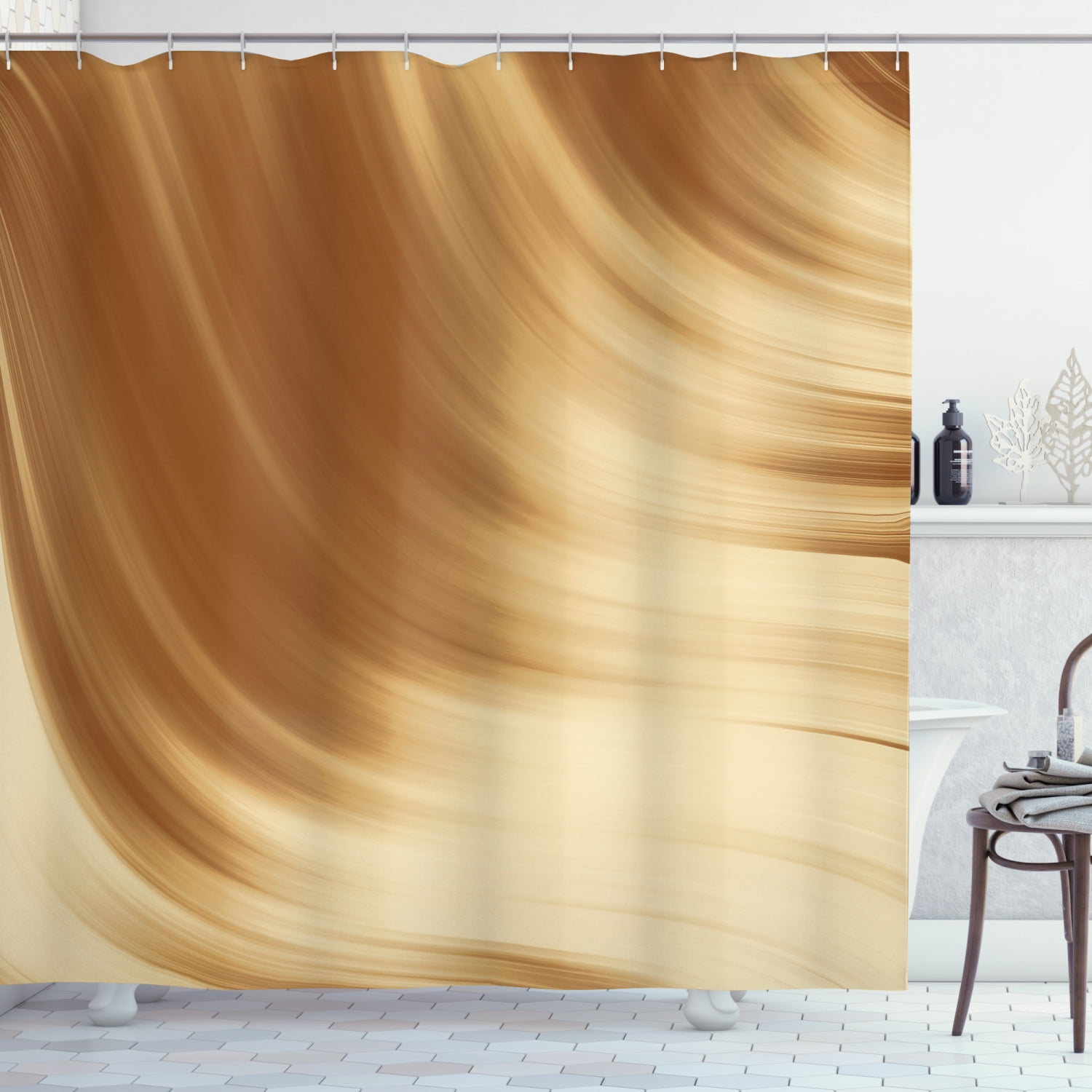 Tan Shower Curtain, Curved Wave Like Conceptual Artistic Display Creamy