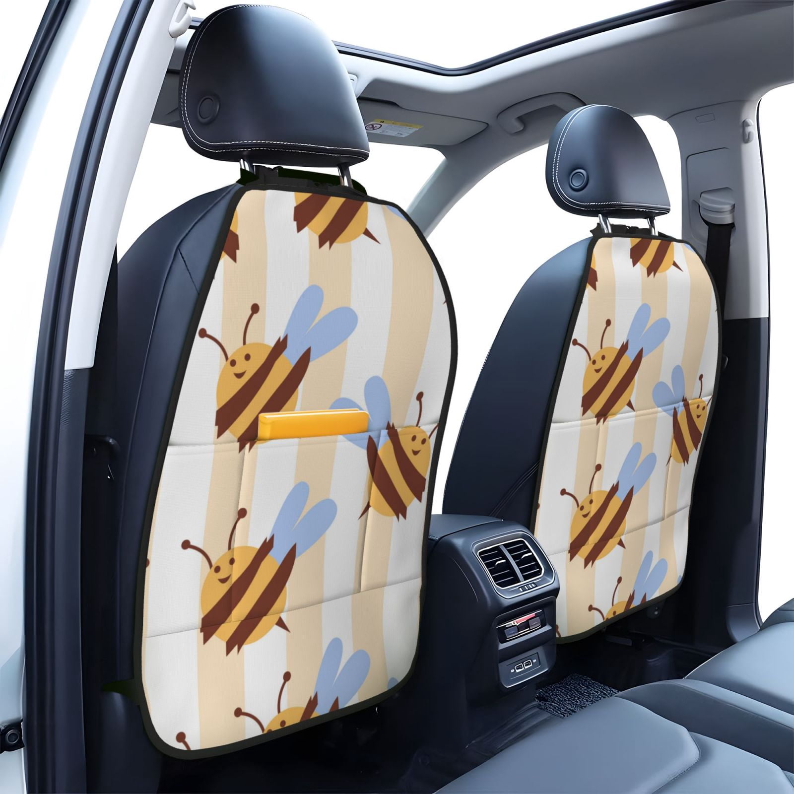 Xecao A Bee Pattern Car Seat Back Protector 2 Pack Large Capacity Pocket, Kick Mats Back Seat Protector