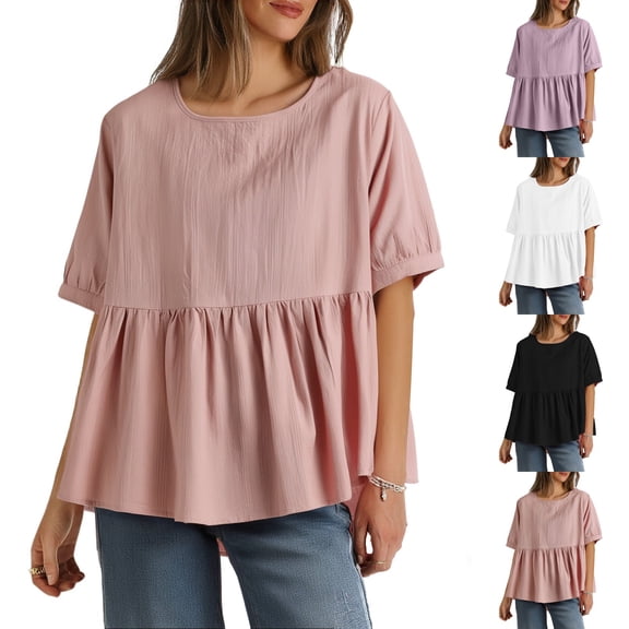 FNFYFH Womens Short Sleeve Babydoll Top Plus Size Crewneck T Shirt Summer Cute Loose Fit Peplum Tops