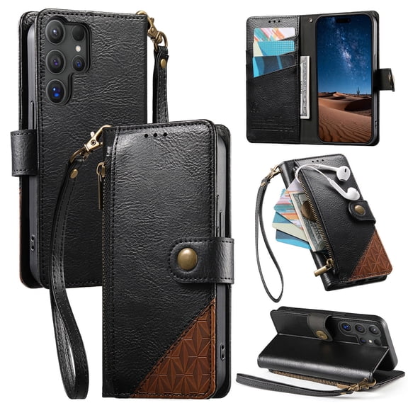 Compatible with Samsung Galaxy S24 Ultra Wallet Phone Case - PU Leather Magnetic Flip Cover with Credit Card Slots Zipper Pocket & Detachable Wrist Strap, Shockproof Design, for Women and Men - Black