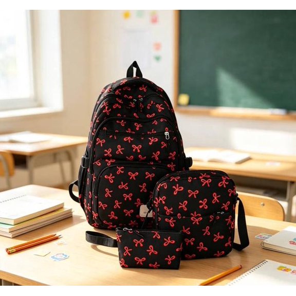 Fashion Casual Red Bow Print Backpack Set-Coquette School Supplies, Lightweight Adjustable Straps, Nylon Bookbag, Cute Aesthetic Laptop Daypack(3 Piece)