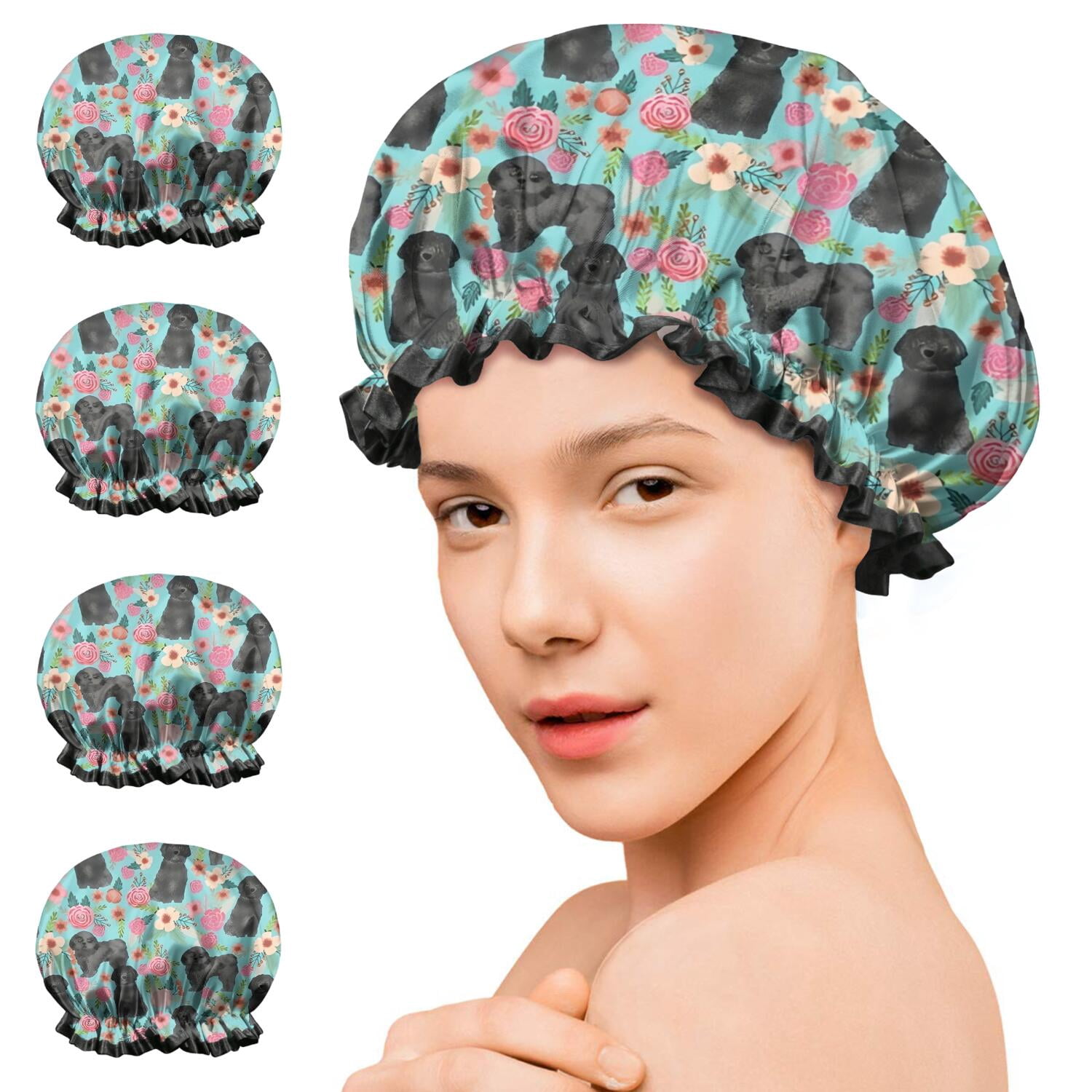 Shower Caps,Bichon Dog Blue Florals Waterproof Shower Cap for Women 4 Pieces,Double Reusable Hair Cover for Shower PEVA Elastic Stretch Hem