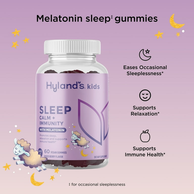 Hyland's Kids Sleep Calm + Immunity w/ Melatonin Vegan Gummies, Sleep Support for Sleeplessness & Restlessness, Chamomile & Elderberry 60 ct