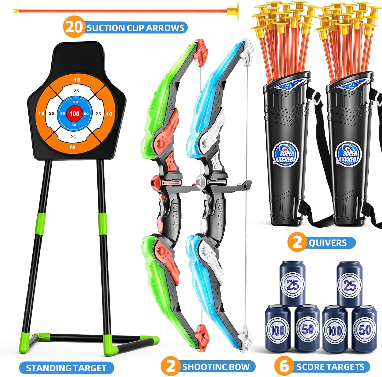 LINXUXIE Kids Bow and Arrow Set with LED Flash Lights, Archery Set with Standing Target,Indoor Outdoor Sport Gift for Boys and Girls Ages 3-12