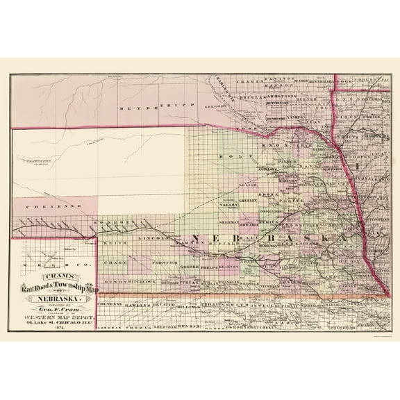 Railroad Map - Nebraska Railroad Townships - Cram 1875 - Vintage Wall Art
