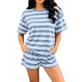 thumbnail image 2 of Cagogo Women Plus Size 2 Piece Shorts Set Striped Casual Summer Outfits Loose Round Neck Short Sleeve Tshirt Shorts Matching Lounge Sets Tracksuits Travel Airport Clothes, Blue 3XL, 2 of 9