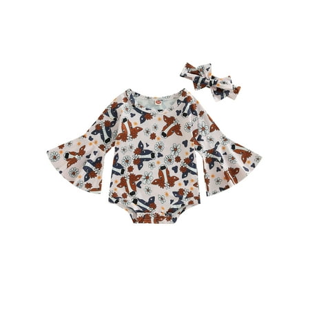 

Gwiyeopda Infant Baby Kids Girl Cow Floral Bell Short Sleeve Romper Headband Outfits