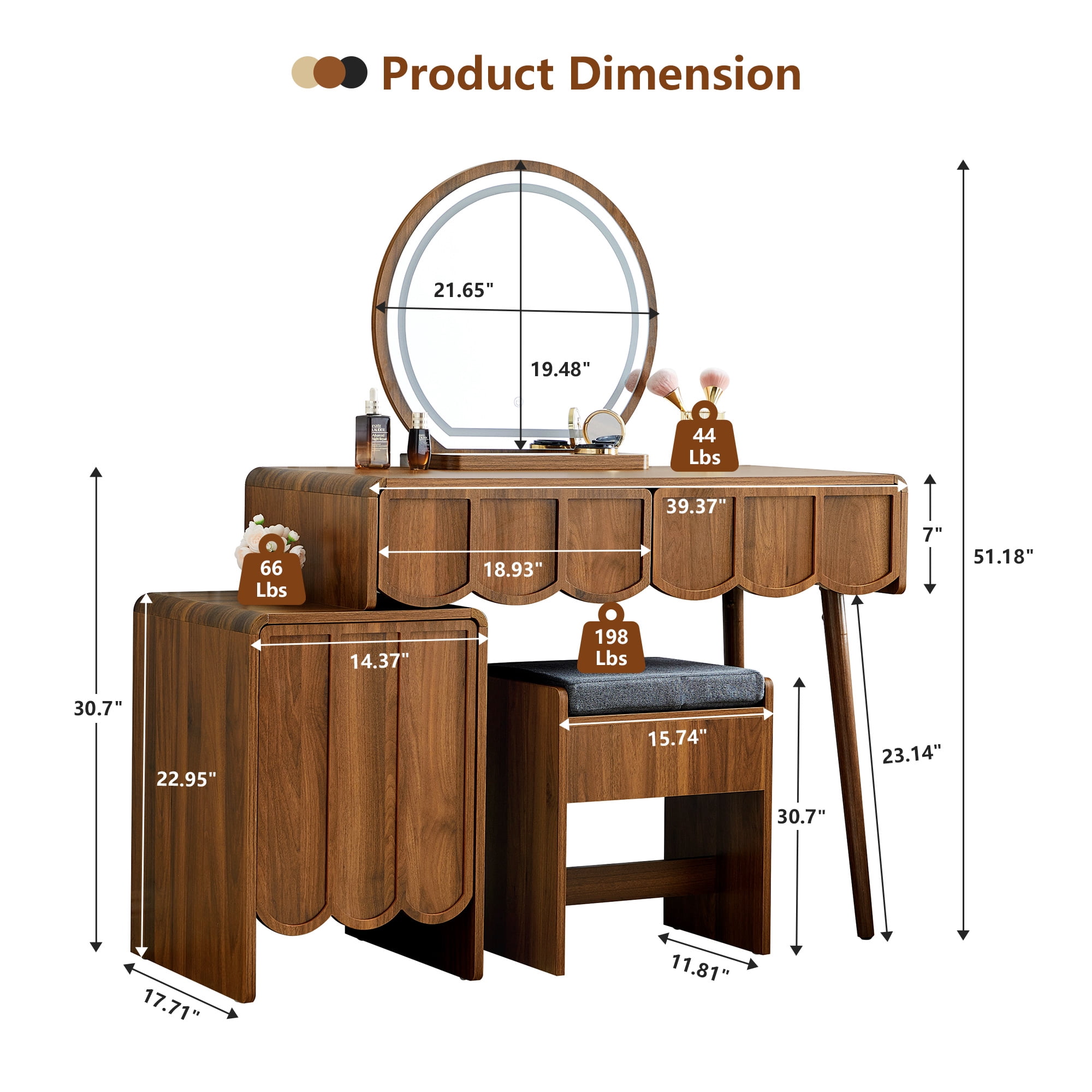 Wirrytor Makeup Vanity Set with Mirrors and Light, Vanity Set with Cushion Chair, for Adult, Stools for Vanity Table, with 2 Drawers and 1 Storage Cabinet, Wave Panel ,Walnut