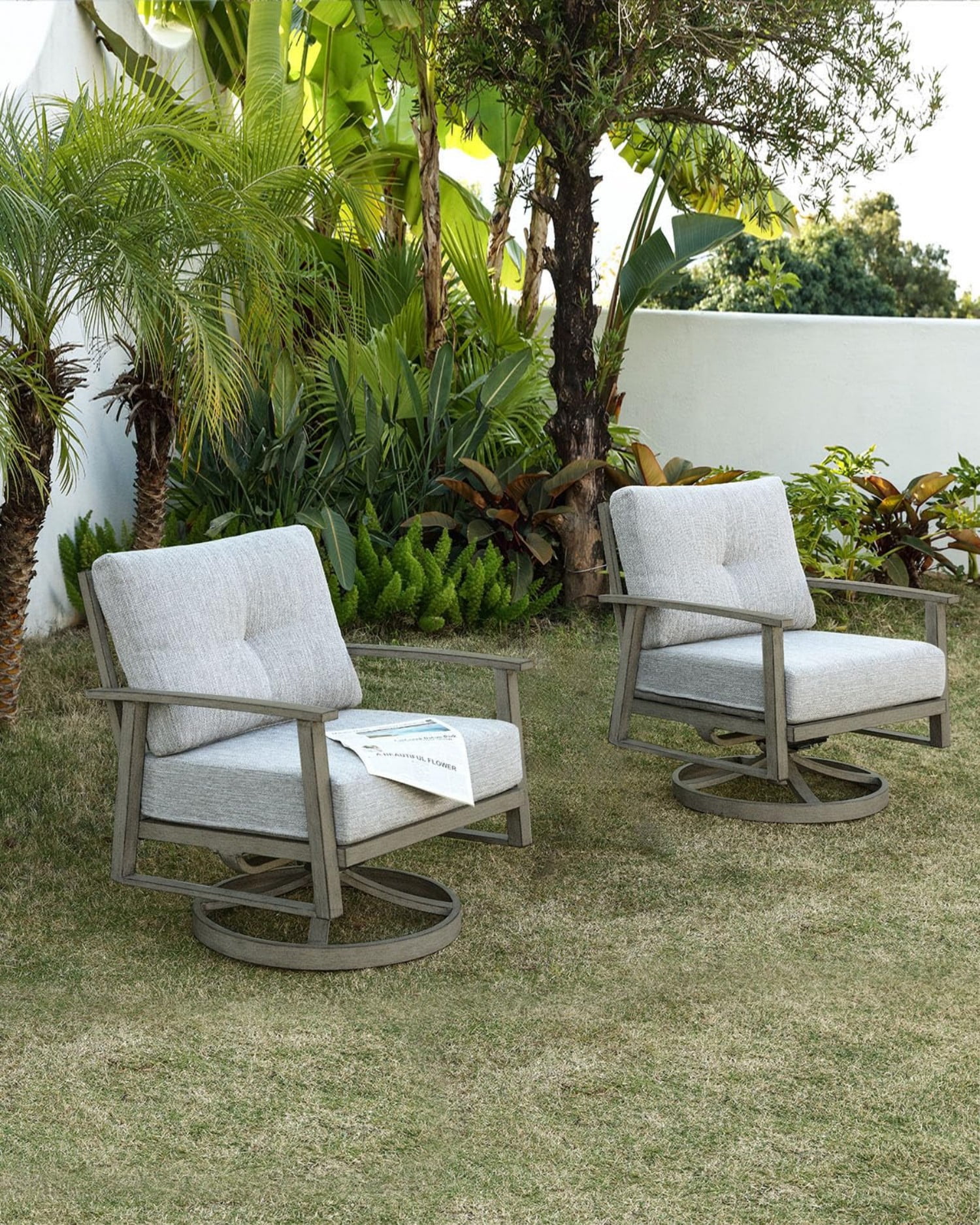 Outdoor Swivel Patio Chairs Set of 2, All-Aluminum Swivel Armchairs with 5.9" Thick Cushions, 360° Rotating Outdoor Conversation Chairs, All-Weather Patio Furniture for Garden, Balcony, Dark Gray