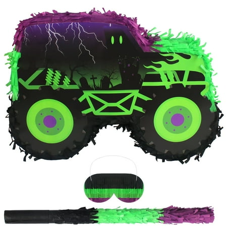 Green and Purple PriNst Monster Truck Pinata Car Pinata and Blindfold for Kids Boys Monster Truck Birthday Decorations Racing Car Birthday Party Supplies Carnival Party Favors(15.75*11*2.36 Inch)