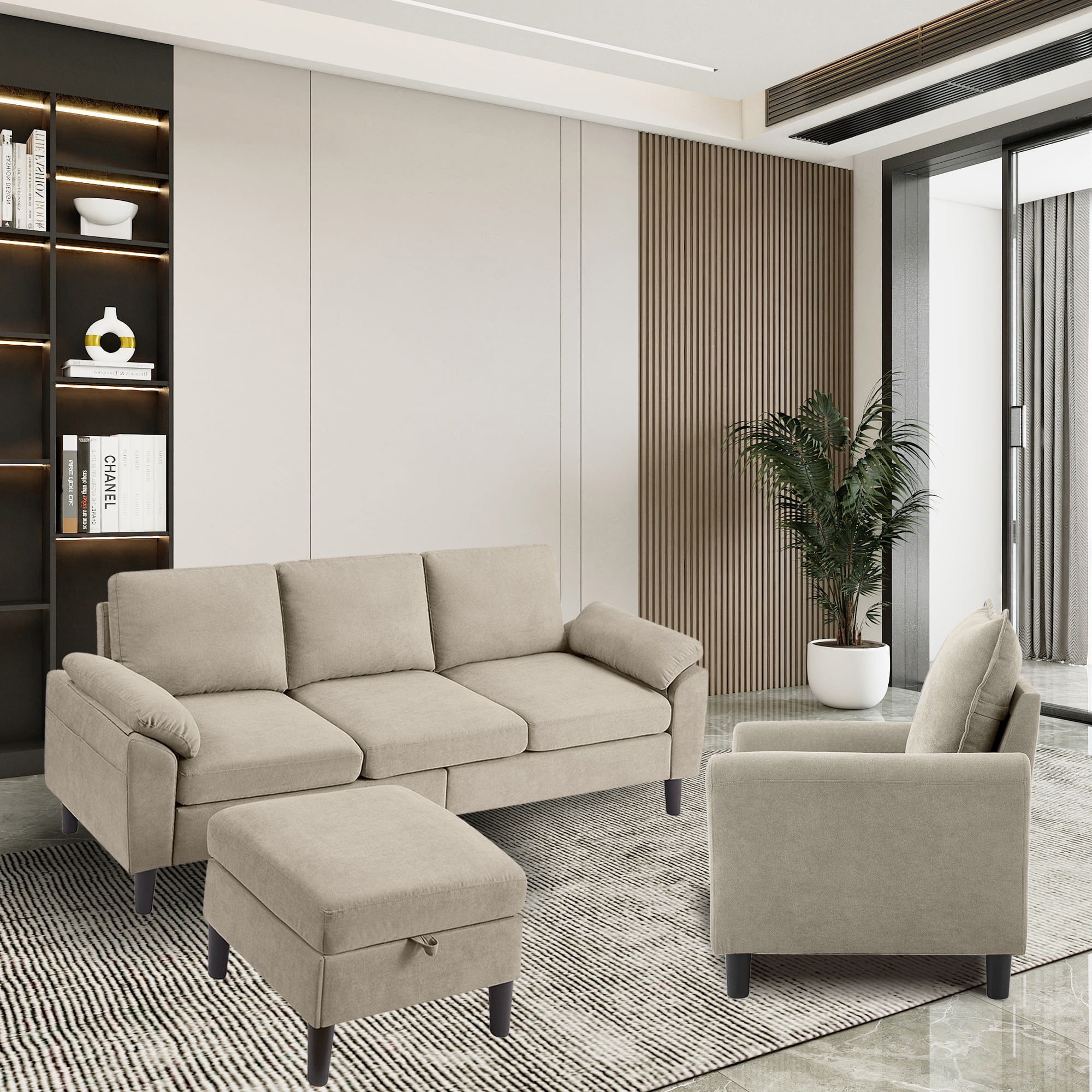 Soscana Living Room Sectional Sofa Accent Chair,L Shaped 3 Seat Couch with Storage Ottoman and Side Pockets,Single Armchair,Tool Free Assembly