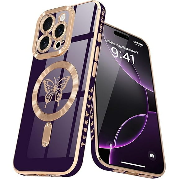 Magnetic for iPhone 16 Pro Case for Women Girls Cute, Compatible with MagSafe Glitter Luxury Plating Gold Butterfly Anti-Scratch Camera Shockproof Cover Phone Case for iPhone 16 Pro, Purple