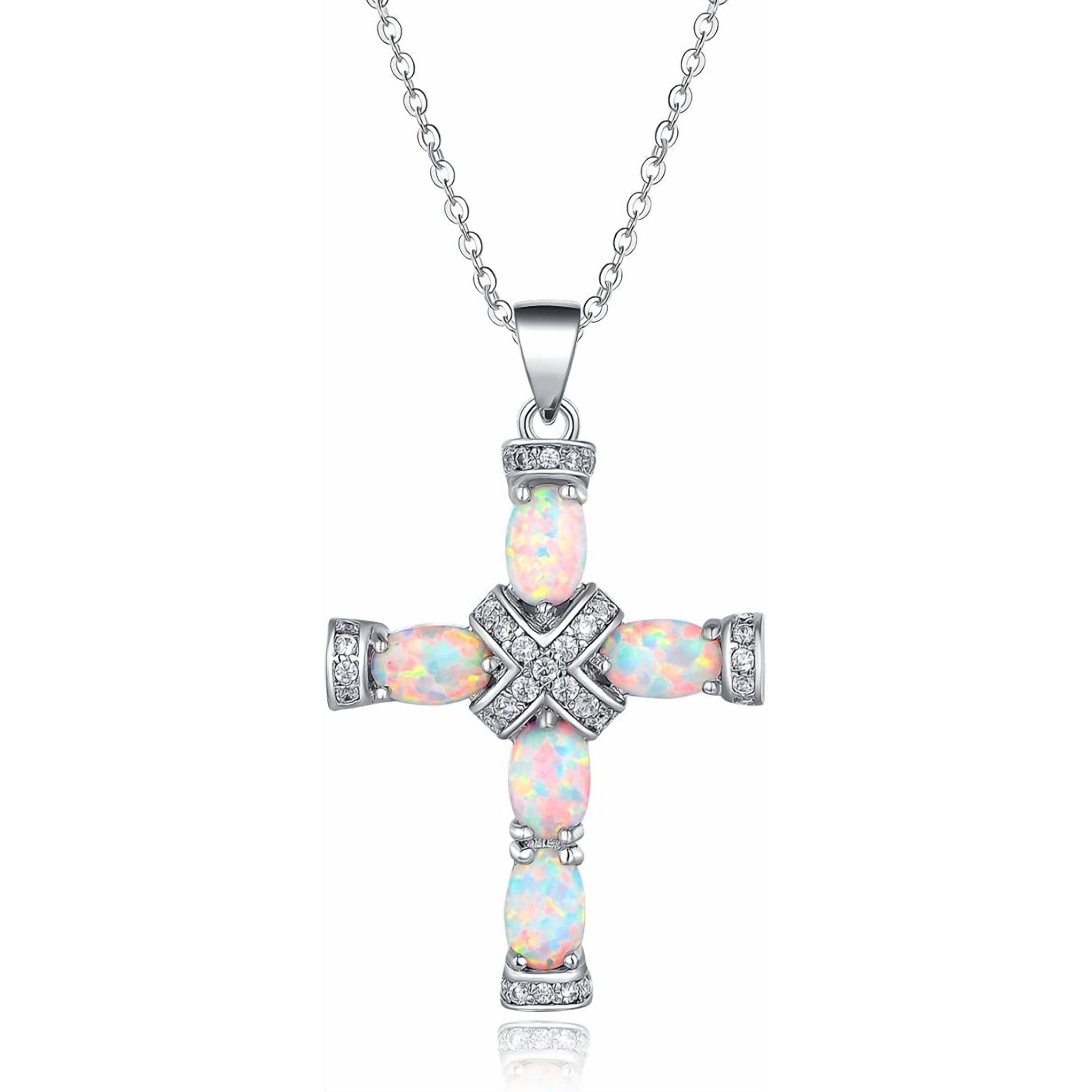 Soleilie 18K Gold Plated Created Opal Cross with Chain, 18 Inches with 2 Inches Extension