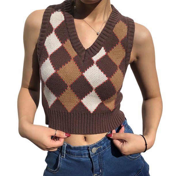 Douhoow Women?s Argyle Sweater Vest Sleeveless V Neck Plaid Print