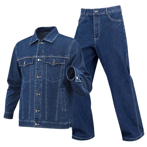 Men's Cargo Denim Jacket Track Suit 2 Pieces Set Outfits Casual Multi Pockets Long Sleeve Button up Jacket and Jean Pants Set