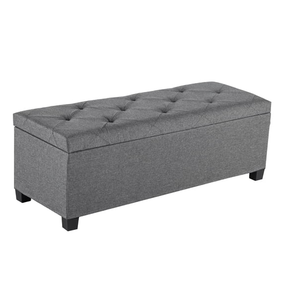 43 Inch Linen Storage Ottoman Bench with Wood Legs, 42 Gallon Tufted Upholstered Fixed Footstool, Flip Top for Home Decor, Dark Gray