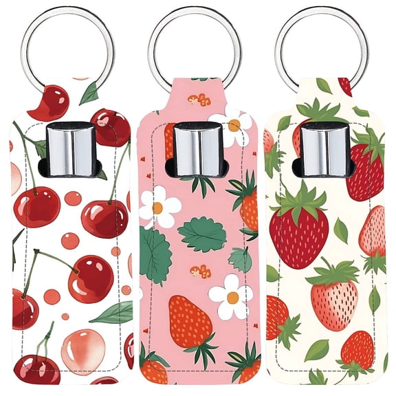 Chapstick Holder Keychain Fruit Lip Balm Pouch Strawberries Red Cherries Rectangle Neoprene Printed Rubber Lipstick Portable Pocket Gloss Case