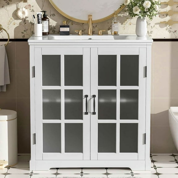 Spaco 30" Modern Rubber Wood Bathroom Vanity with Ceramic Sink, Bathroom Vanity Cabinet with Tempered Blurred Glass and Matte Black Handles for Indoor, White