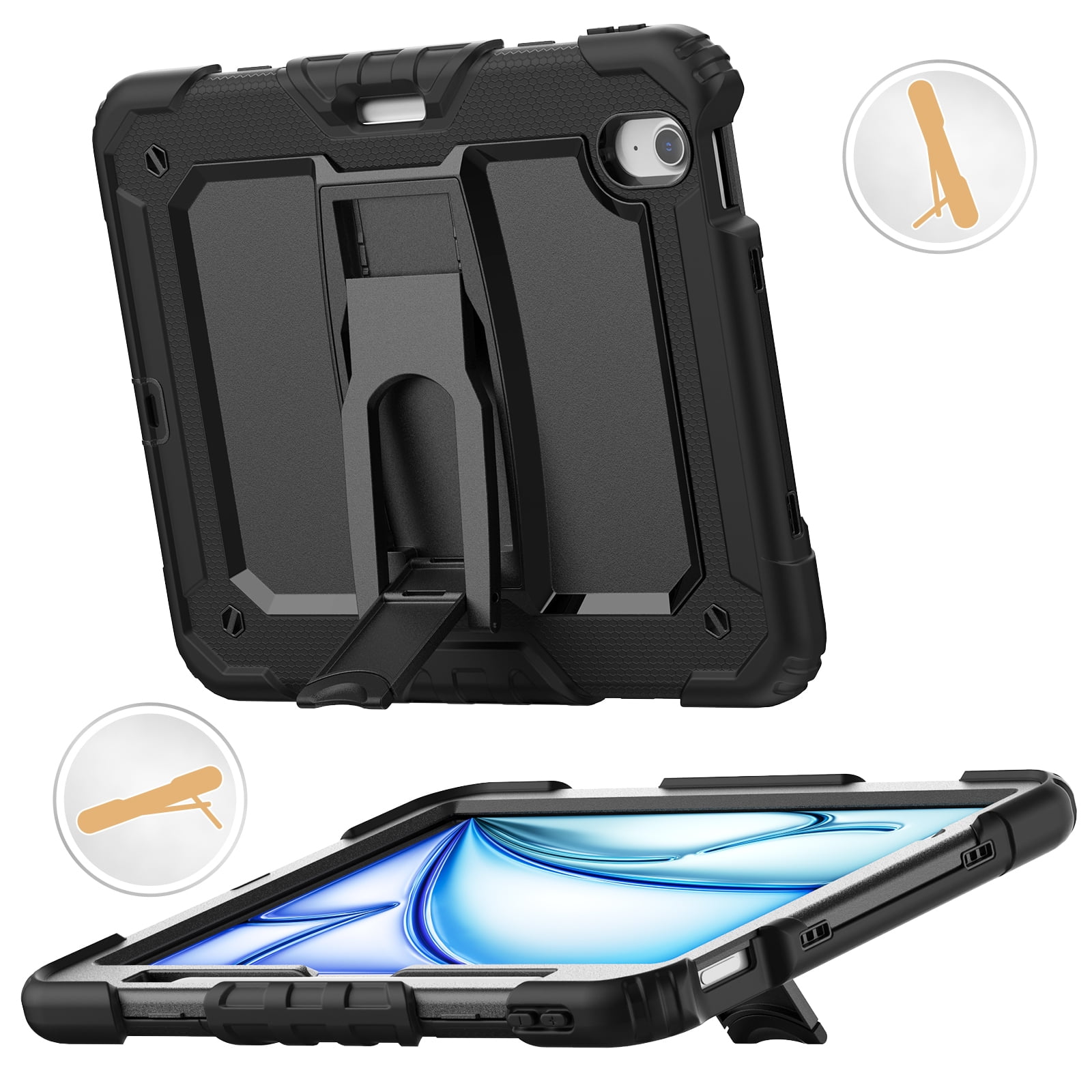 Rugged Case For Apple iPad Air 11 (2024) – 3-Layer Protection Shockproof Stand Cover with Screen Protector, Adjustable Stand, Shoulder Strap, & Pencil Holder -- Black
