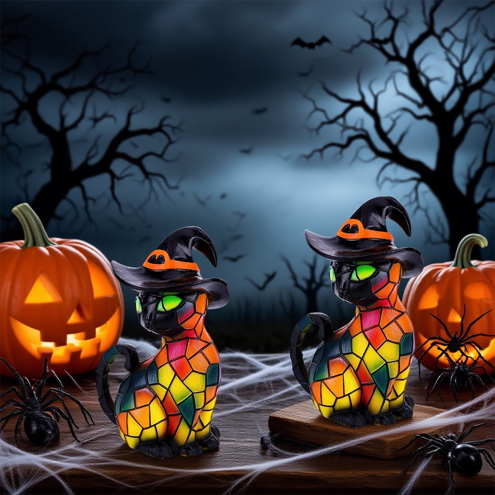 Halloween Theme Cat Lantern - Stained Resin Pumpkin Cat Night Light, 3D Cat Wear Witch Hat Bedside Lamp
