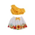 thumbnail image 2 of Toddler Baby Girls Summer Outfits, One Shoulder Ruffle Crop Tops + Sunflower Skirt 2Piece Clothes Set, 2 of 5