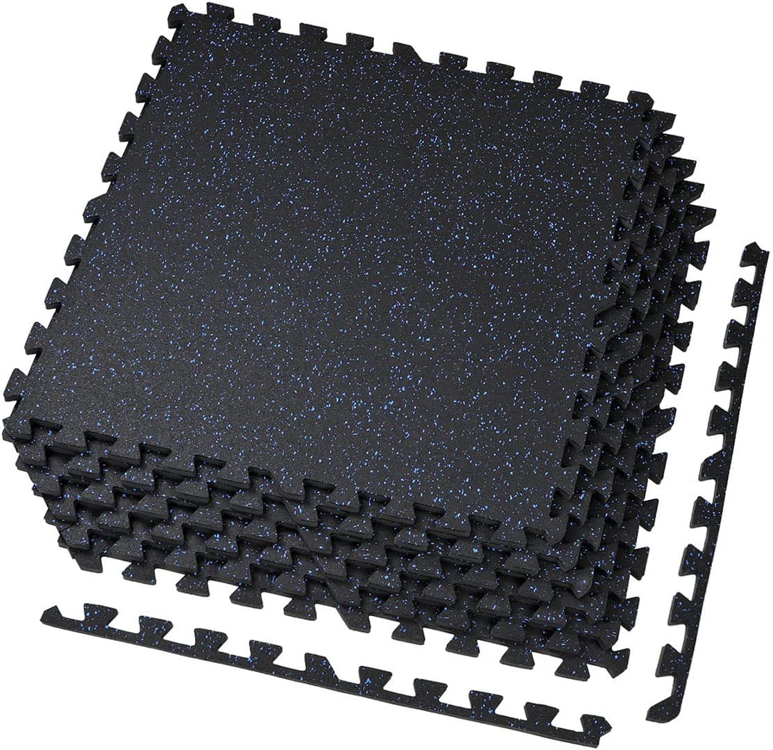 1/2" Thick 48 sq ft (12 Tiles) Interlocking Rubber Top EVA Foam Exercise Mat | Home Gym Mats Workout Flooring Tiles for Gyms, Fitness Rooms | Durable Grip Protective Flooring, Black/Blue