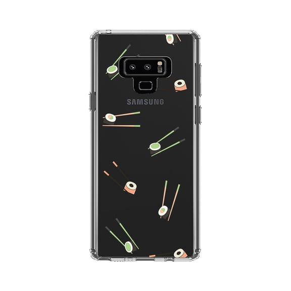 DistinctInk Clear Shockproof Hybrid Case for Samsung Galaxy Note 9 - TPU Bumper, Acrylic Back, Tempered Glass Screen Protector - Sushi with Chopsticks - Pastels