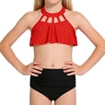 thumbnail image 2 of BRGZLK Girl's 2 Piece Tankini Swimsuit Summer Fashion Solid Color Textured Twist Front Ruched Ruffle High Waist Shorts Beach Bikini Bathing Suits for Teen Girls Red 4-5 Years, 2 of 5